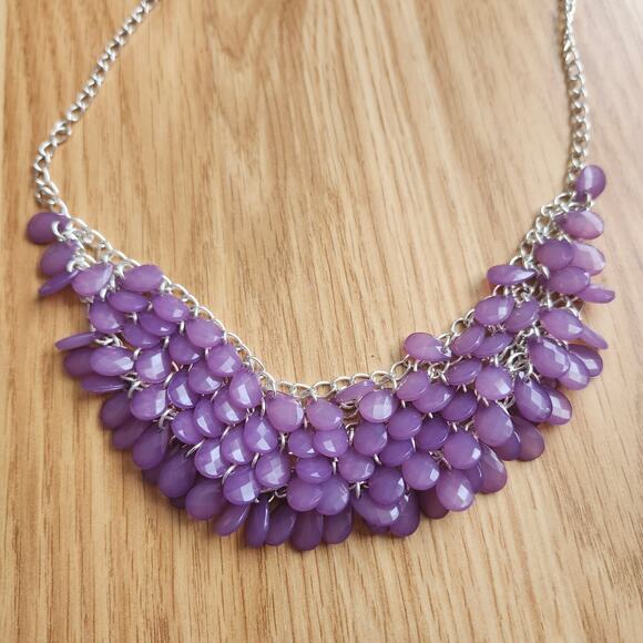 Purple Teardrop Fringe Bib Statement Necklace Silver Tone Lobster Clasp Y2K Pop - Picture 4 of 8